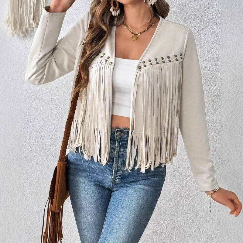 Fall 2025 Tassel Coat Deerskin Short Long-sleeved Women's Cardigan Jacket Coat
