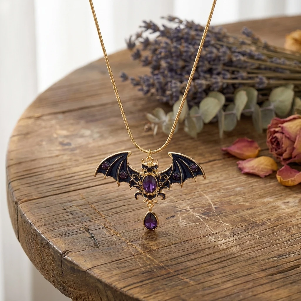Gotische Retro Übertriebene Schwarze Fledermaus-Anhänger-Halskette für Damen und Herren, Kristall-Emaille-Flügel-Halskette mit Ohrringen, Halloween-Party-Schmuck – Detail 6