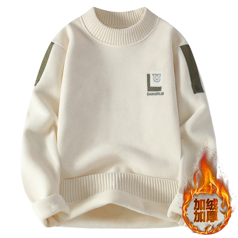 

Thiened Fce Вязаный свитер Мужской круглый пуловер Ne Теплый внутренний длинный подростковый осенне-зимний цвет Свободный крой Длинный ...