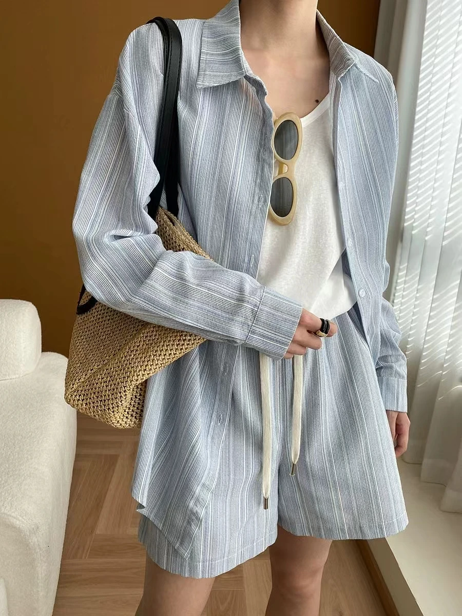 Comfort First French Texture Striped Contrasting Shirt Wide Leg Shorts Two-Piece Set