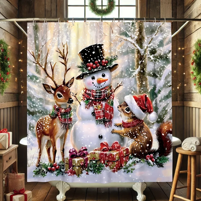 Christmas Cheer Shower Curtain - Snowman, Deer & Squirrel Design | Washable Polyester with 12 Hooks Included | Perfect for Holid