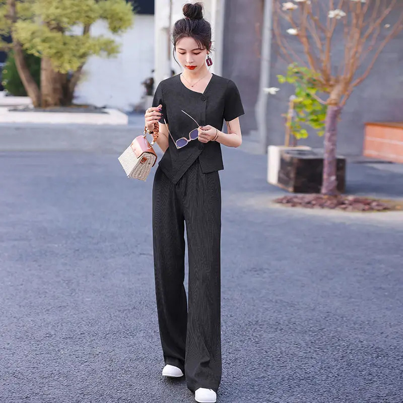 

Футболка, женские брюки, комплект из двух предметов, повседневная элегантная одежда, тренд 202, корейская стильная полная одежда, новые одинаковые женские брюки