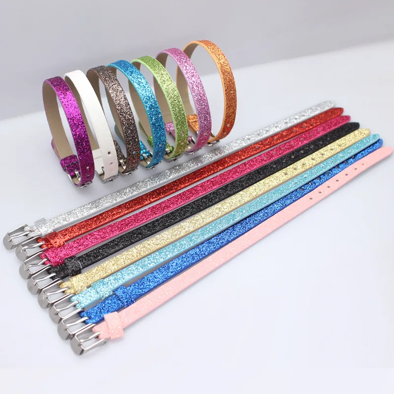 10pcs/lot mix colors 8MM Glitter PU Leather wristband bracelet 8x210mm fit for 8mm slide charms letters DIY Accessory