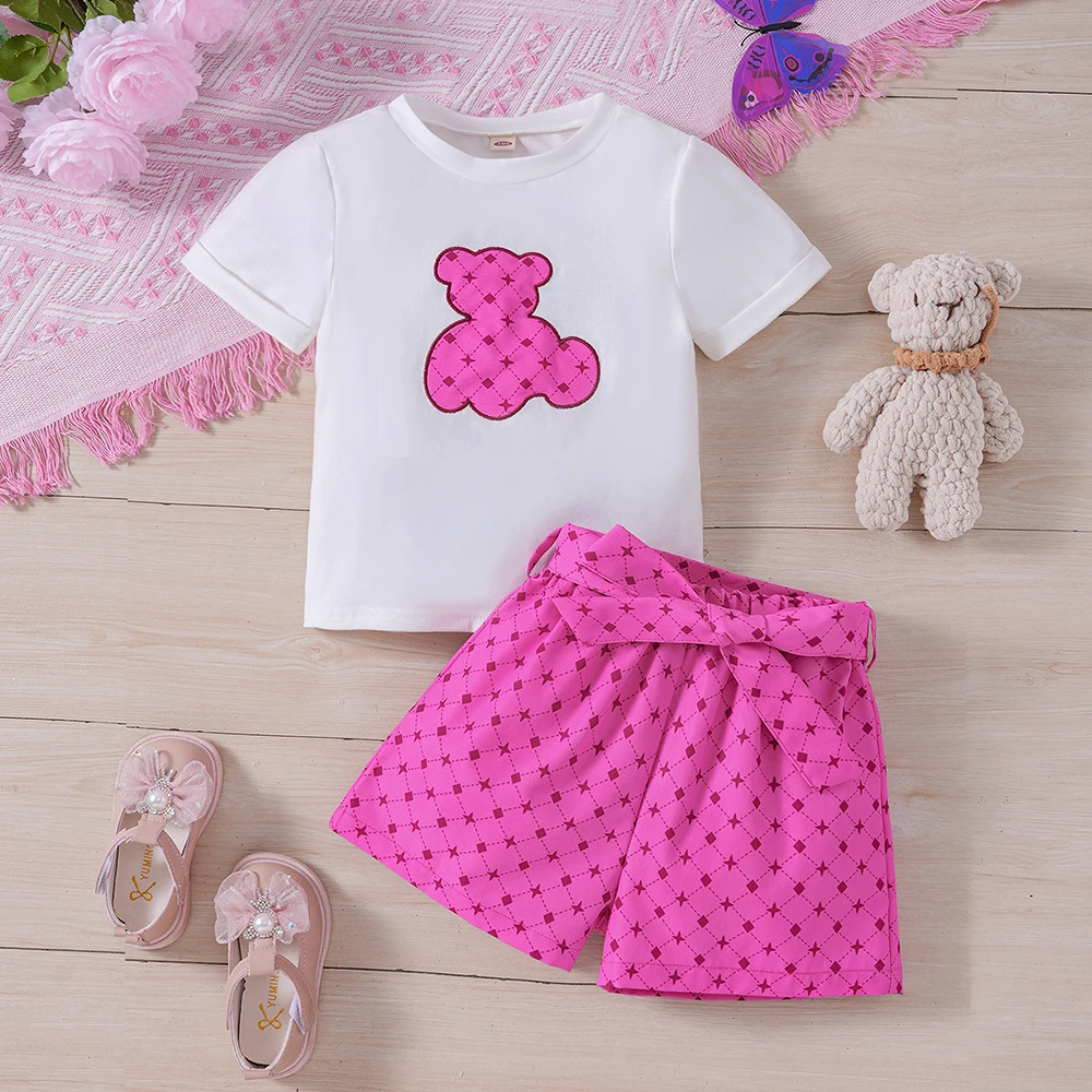 Girls Summer New Little Bear Embroidered T-shirt Plaid Shorts Two Piece Set