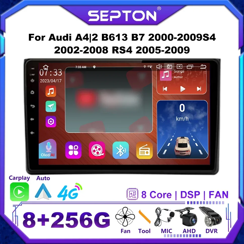 

SEPTON Android 12 Car Radio for Audi A4 II 2 B6 III 3 B7 2000-2009 S4 2002-2008 RS4 2005-2009 Wifi GPS CarPlay 4G 2Din 8+128G