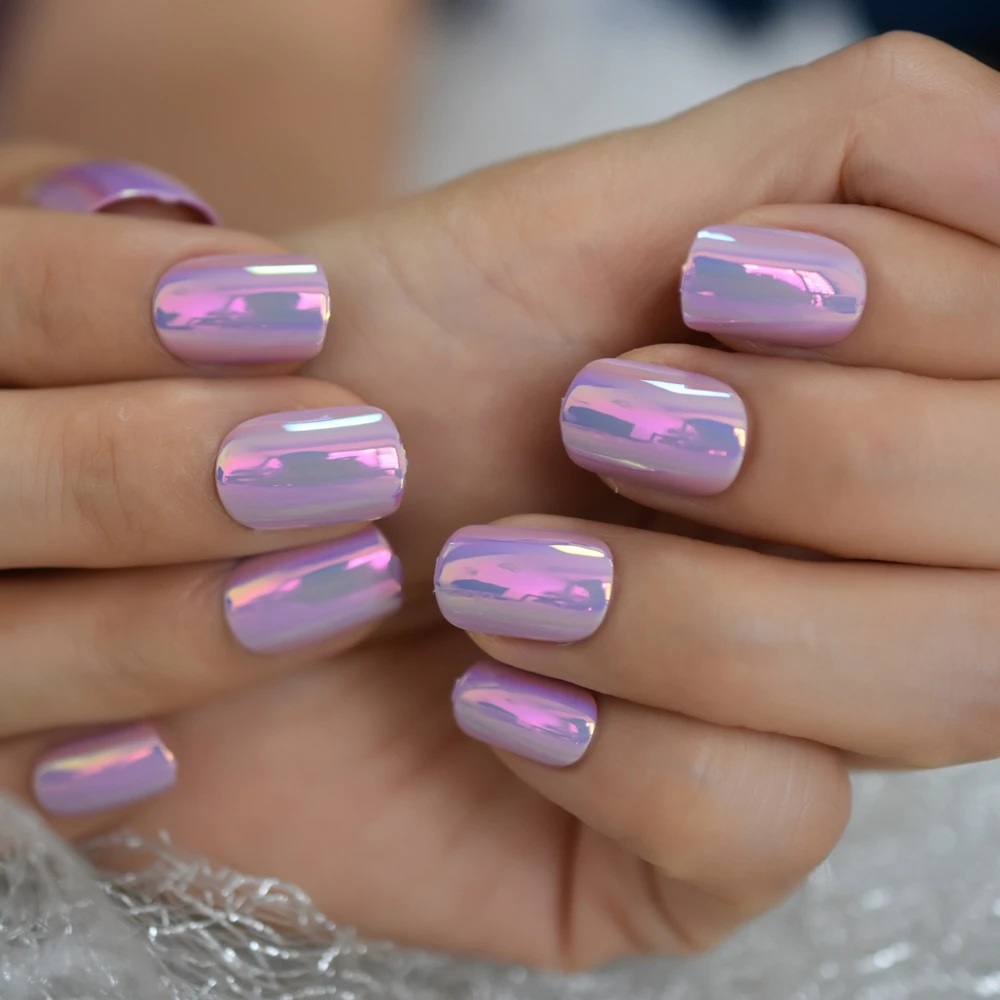 Fantasy Fingernails Short Round Press On Nails Natural Shape Solid Pure Purple Chrome Nail Tips Holographic Reusable Nails