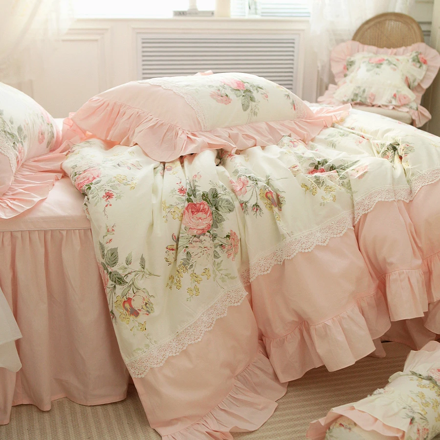 French Country Princess Style Bedding Set Pure Cotton Lace Ruffled Duvet Cover Sets King Bed Skirt Beddings Linens Pillowcase