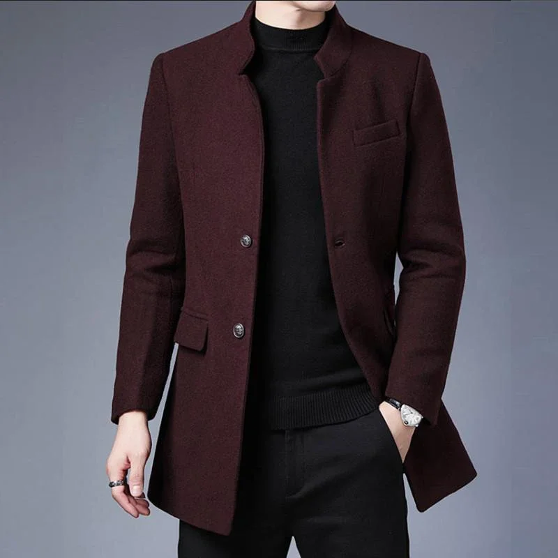 

Autumn Winter Wool Blends Coats Men Solid Color Stand Collar Smart Casual Woolen Mens Outerwear Fashion Trench Jacket Man Coat