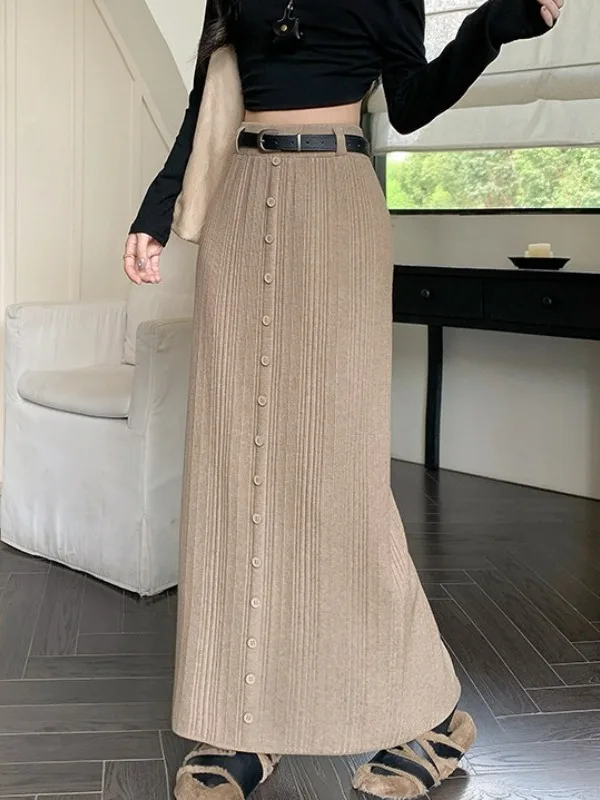 

High Waist Button Detail Asymmetrical Hem Oaeal Color Women's Skirt Autumn Winter Elastic Waisand Skirt