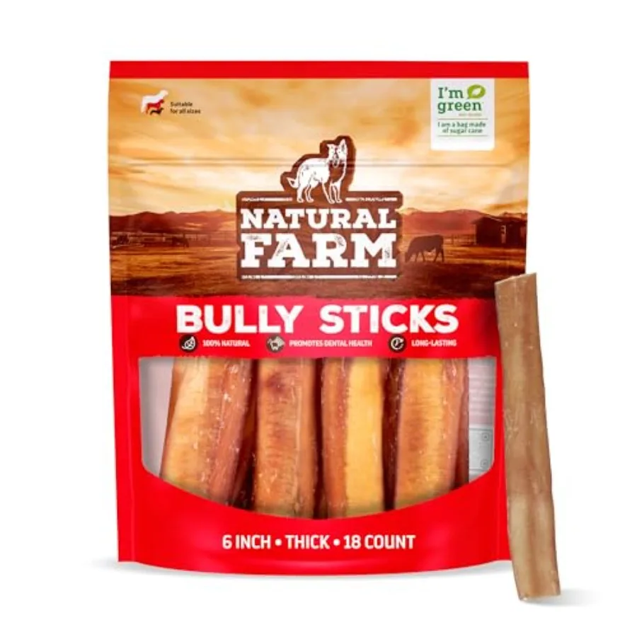 

Odor-Free Thick Bully Sticks 6" 18-pack ALL-NATURAL Long-Lasting Dog Chews 100% Beef Pizzle Grass-Fed Grain-Free Protein for Mu