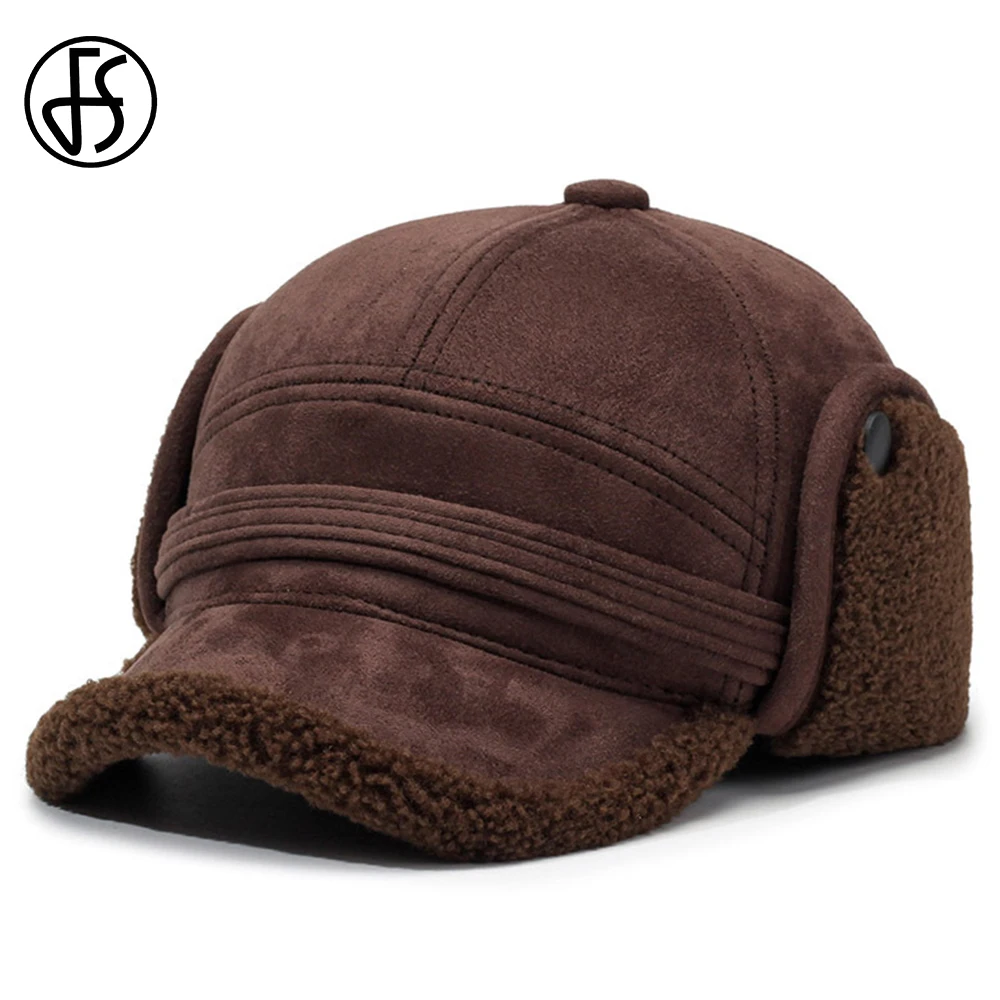FS Vintage Black Brown Winter Baseball Cap For Men Thick Plush Bomber Hats Outdoor Windproof Women Earflap Hat Bone Masculino
