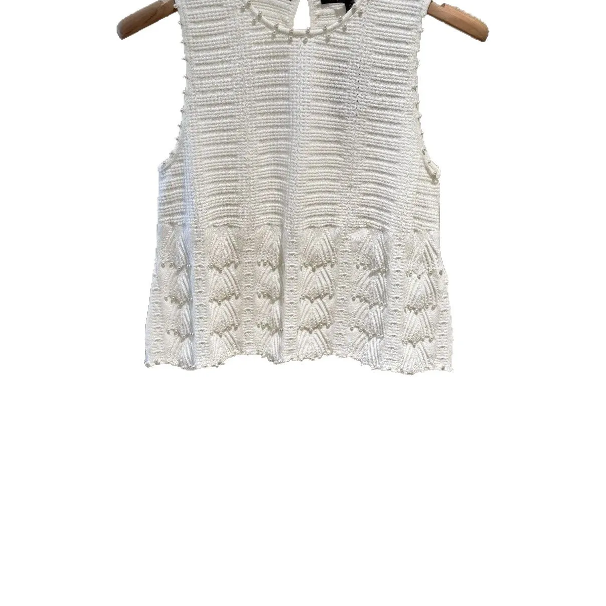 2025 Letni damski nowy biały sweter z dzianiny z okrągłym dekoltem bez rękawów z koralikami Elegancki top