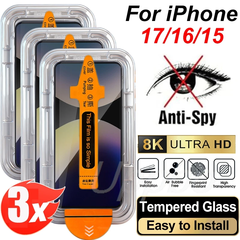 3PCS Privacy Screen Protector For iPhone 17 15 Pro Max 11 13 16 12 Mini 14 Plus 16e XS XR 6 7 8 Anti Spy Tempered Glass Film