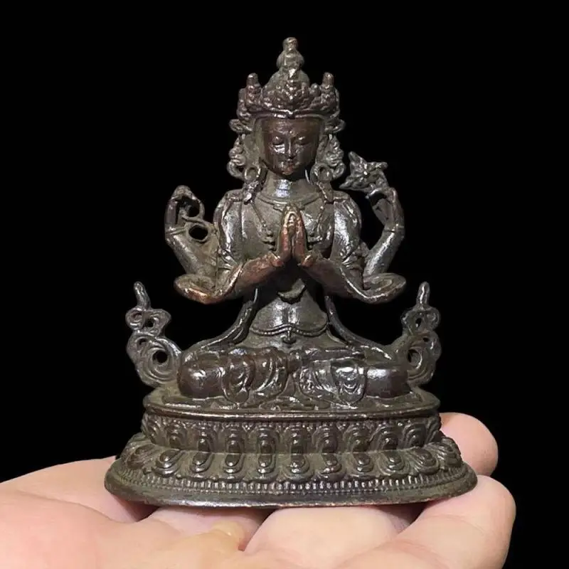 

Antique Old Object Old Copper Zinc Alloy Four-Armed Guanyin Buddha Statue Ornament Old Antique Sitting Lotus Guanyin Buddha Stat
