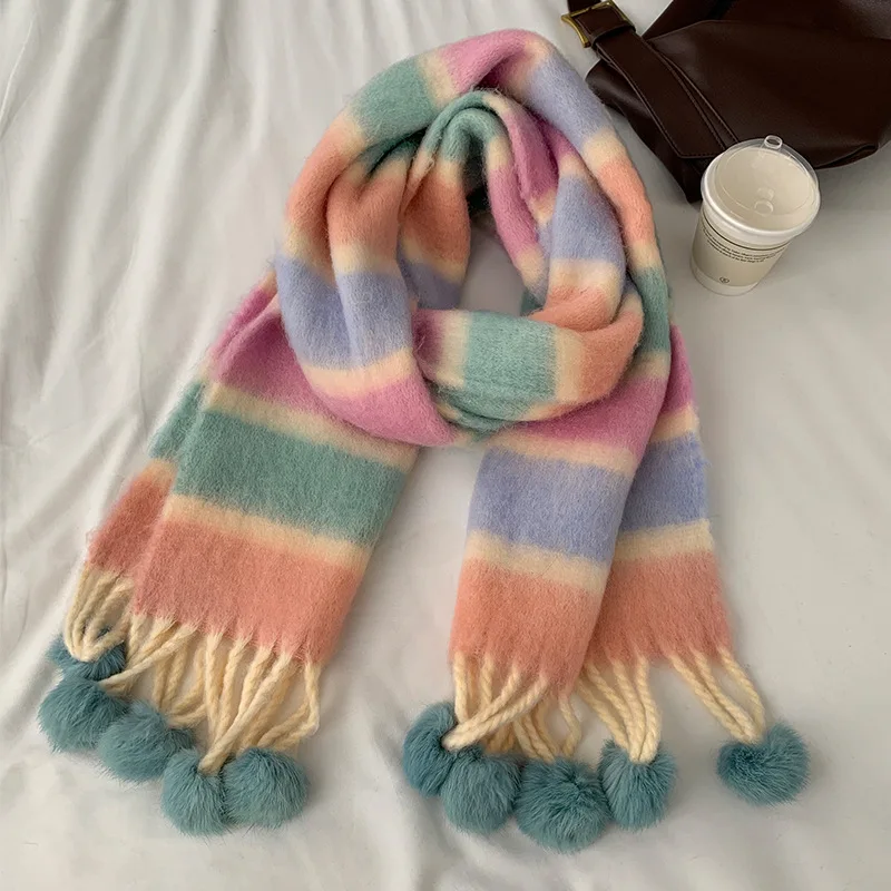 Girl Winter Warm Plaid Fringe Hairball Scarf Women Vintage Thicken Color Shawl Couple Ins Korean Scarves Versatile Dress Up