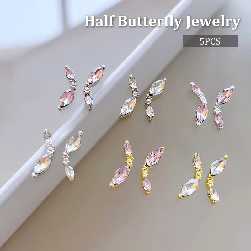 5pcs Nail Accessories Half Edge Opal Butterfly Water Diamond Metal Symmetric Splice Butterfly Alloy Bow Tie Nail Decoration