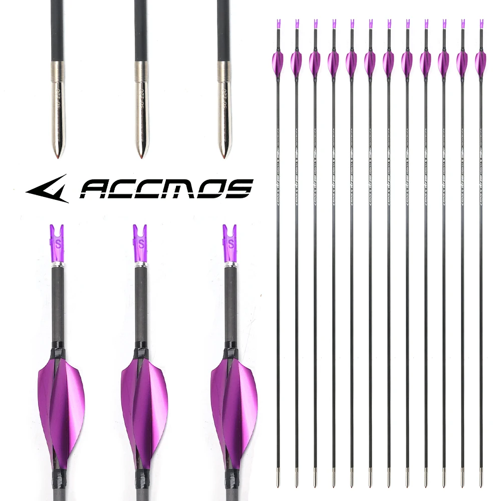 12pcs Carbon Arrow ID3.2mm Spine 300/1000 with Purple Metal Spin Feathers Nock for Recurve Compound Bow Hunting Shooting