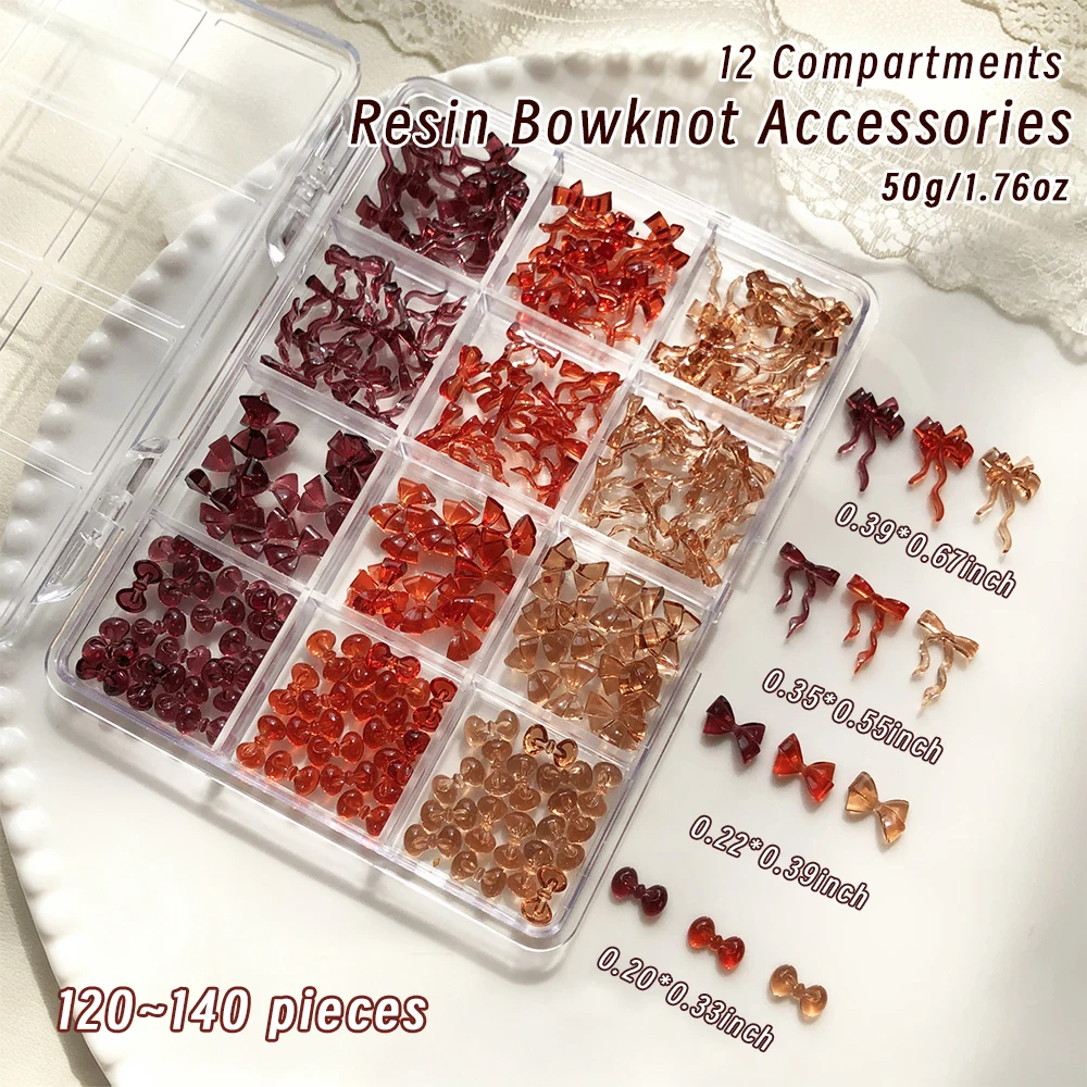 12Grids/Box Mixed 3D Maillard Bow Nail Charms 10-11mm Ice-Transparent Brown&Wine Ribbion Bow Nail Art DIY Resin Bow Nail Parts