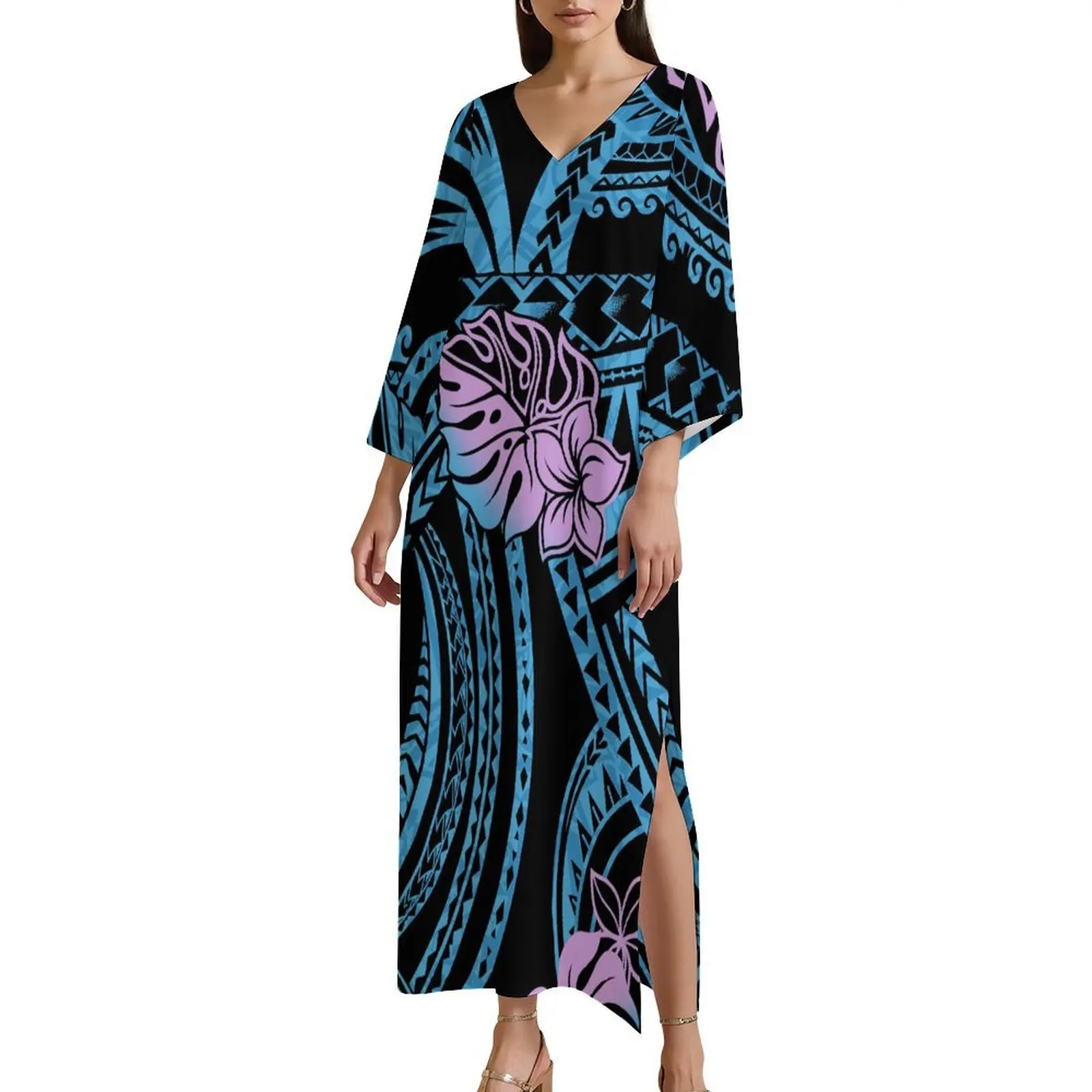 ポリネシアン風カスタマイズ可能なカフタンワンピース、ガーデンブランチ、ソフトな花柄プリント、涼しげで夏らしいシックなデザイン、一年中使える