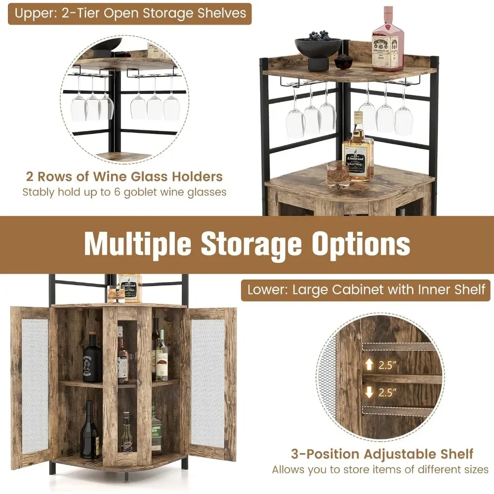 Barkast, Industriële Wijnkast Met Metalen Gaasdeuren & Verstelbare Plank, Drankkast Rustiek Bruin