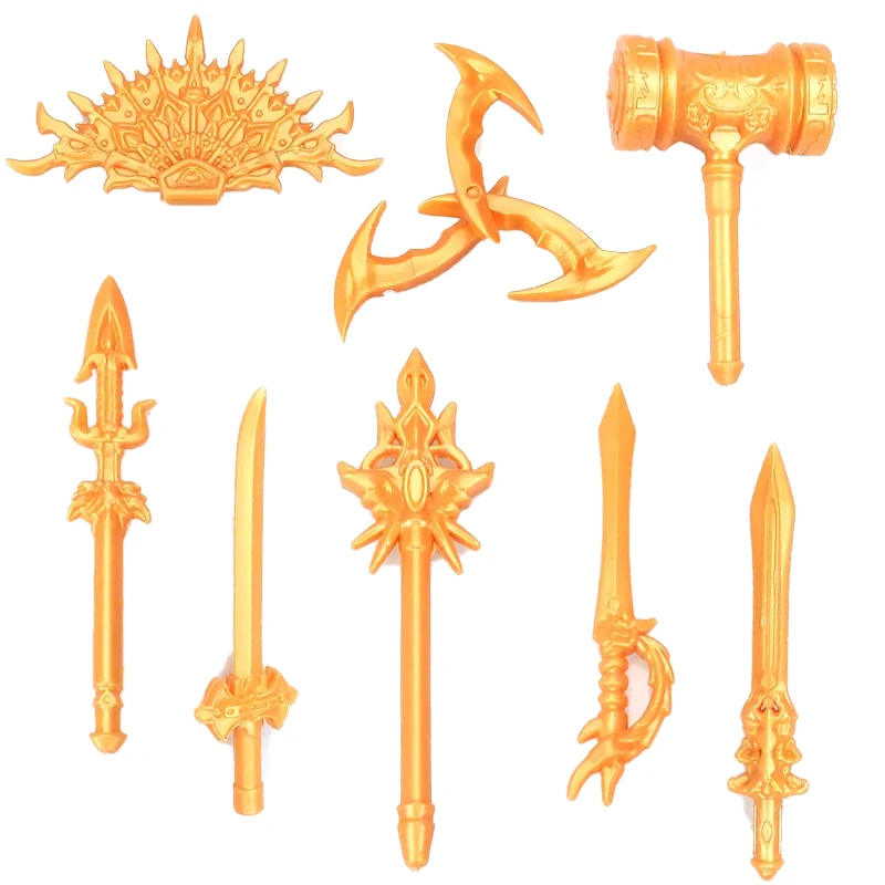 MOC Medieval Building Blocks Anime series Warrior Gold Weapon Accessories Trident Hammer Dart Angel Sword KnifeBricks Kids Toys