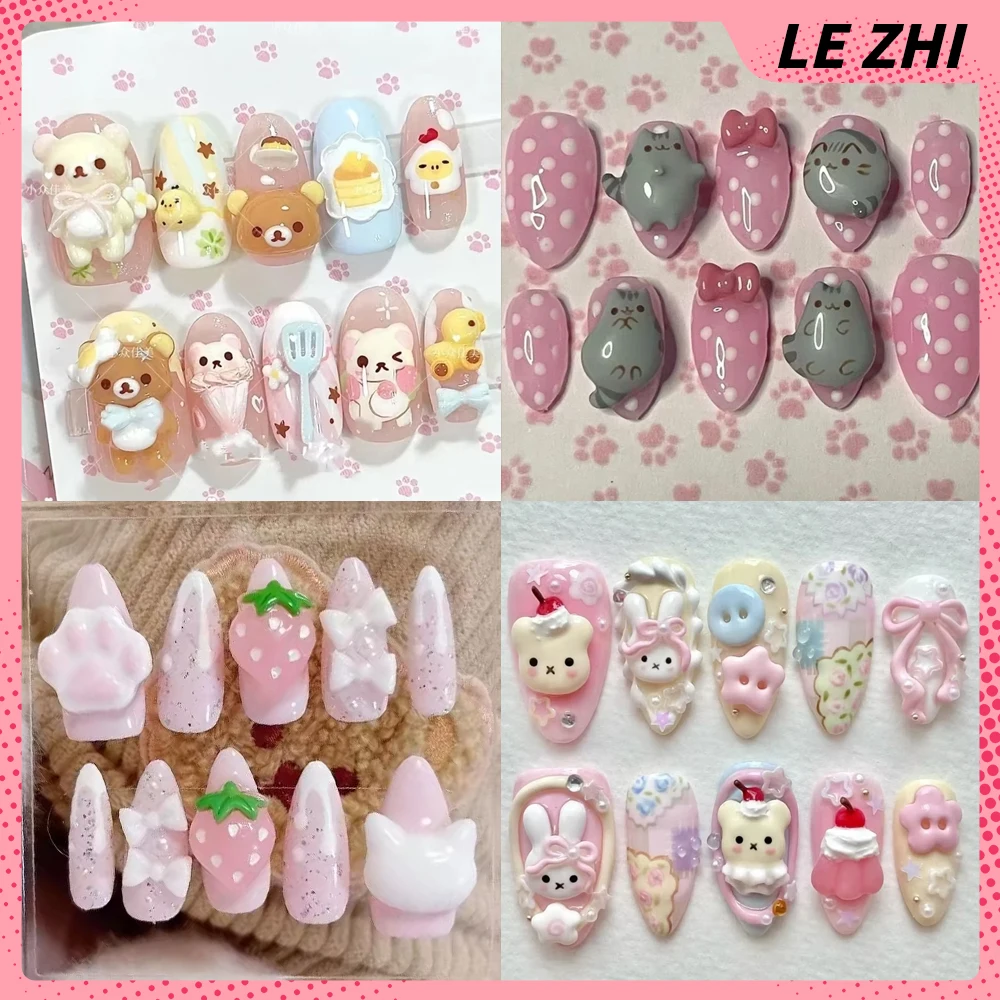 

10Pcs Cartoon Kawaii Rilakkuma Handmande Press On Fake Nails 3D Kawaii animal cute Bow Love Strawberry Nail Party Sticker
