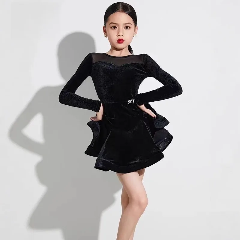 子供用ラテンダンストレーニングスーツ、女の子用ワイドスカートパフォーマンスプロフェッショナル衣装、秋冬の新しいスタイル