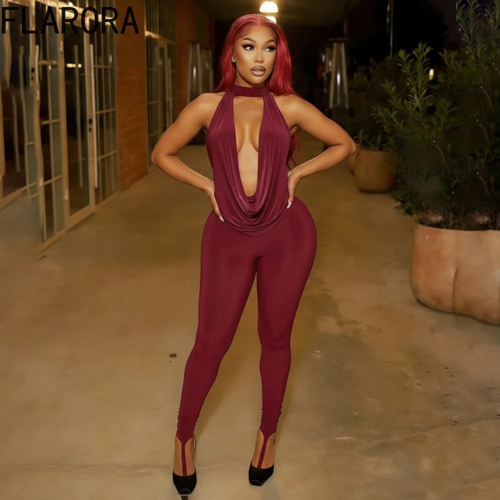 

FLARORA Sexy Halter Backless 2 Piece Sets Woman Solid Color Swinging Collar Sleeveless Tops+Skinny Toe Ring Pants Trend Outfits