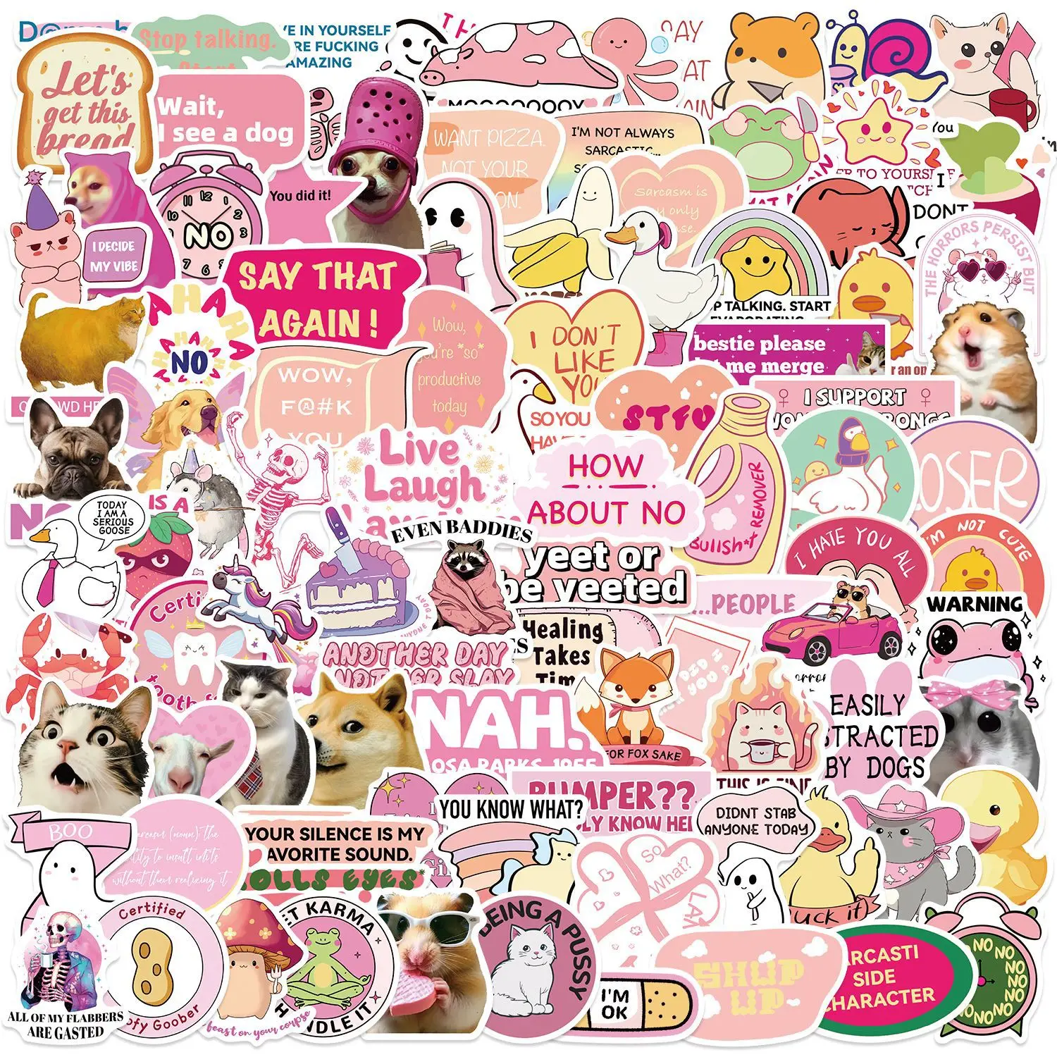 100Pcs Pink Funny Stickers Weird Pink Meme DIY Stickers Scrapbooking Phone Luggage Skateboard Waterproof Decals