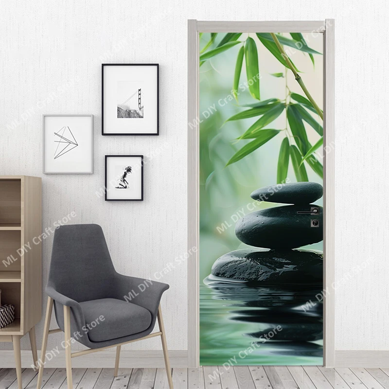 3D Door Sticker Green Zen Stone Purple Flower Art Mural Wallpaper PVC Adhesive Whole Door Package Home Decoration