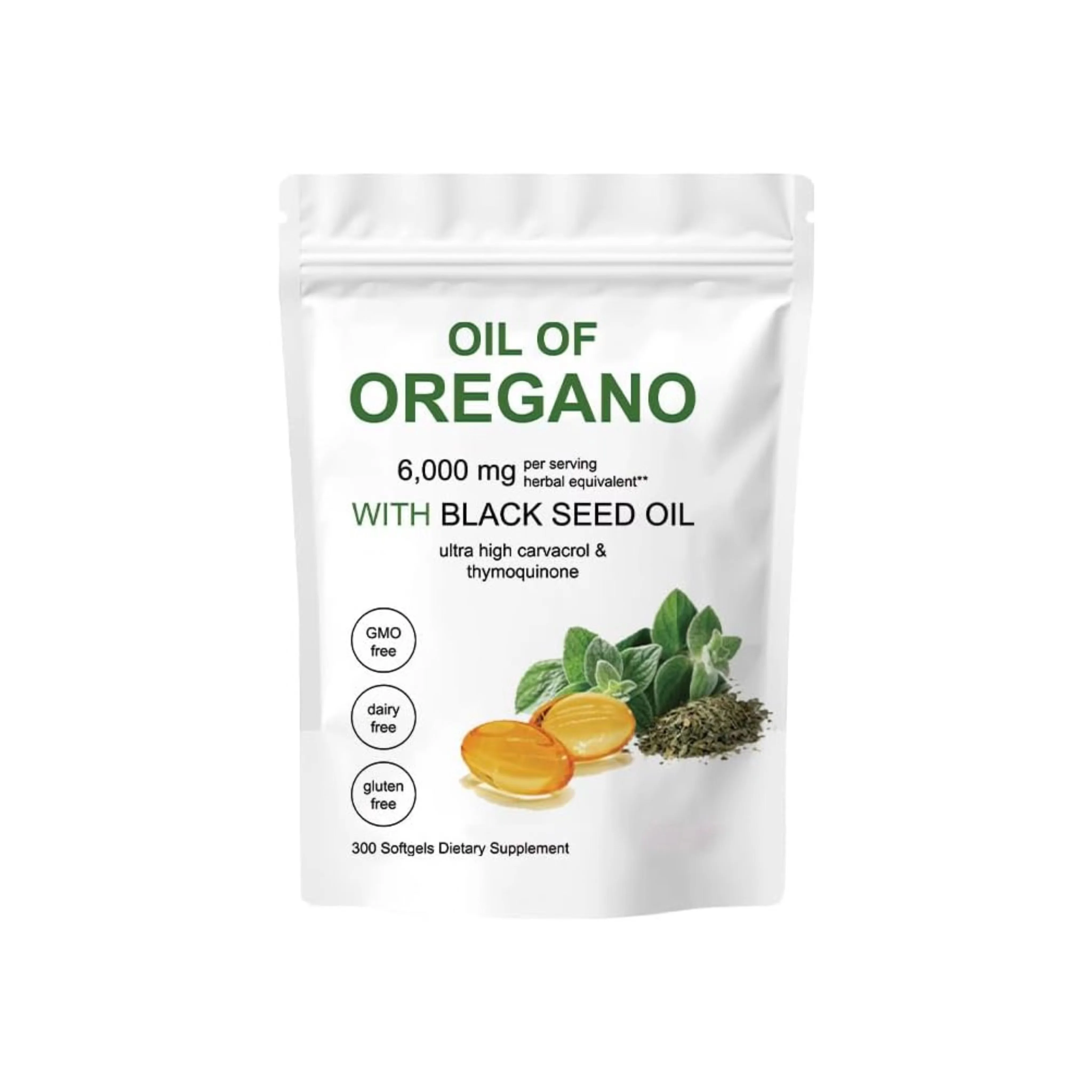 Oil of Oregano Softgels, 2 in 1 Oil of Oregano 6000mg with Black Seed Oil 200mg, Non-GMO & Immune Support 300 Capsules