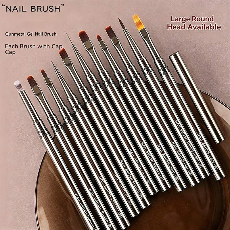 12Pcs Metal Nail Art Brush Set UV Gel Painting Liner Pen With Cap For Flower Gradient Nail Design Home Salon Manicure Accessorie