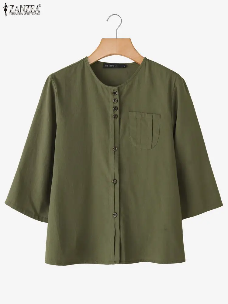 ZANZEA Vintage Koszule Damskie z Bawełny i Lnu Casualowe z Okrągłym Dekoltem, Długim Rękawem, Zapinane na Guziki, Jednolite Kolory, Wiosna 2026, Odzież Damska S-3XL