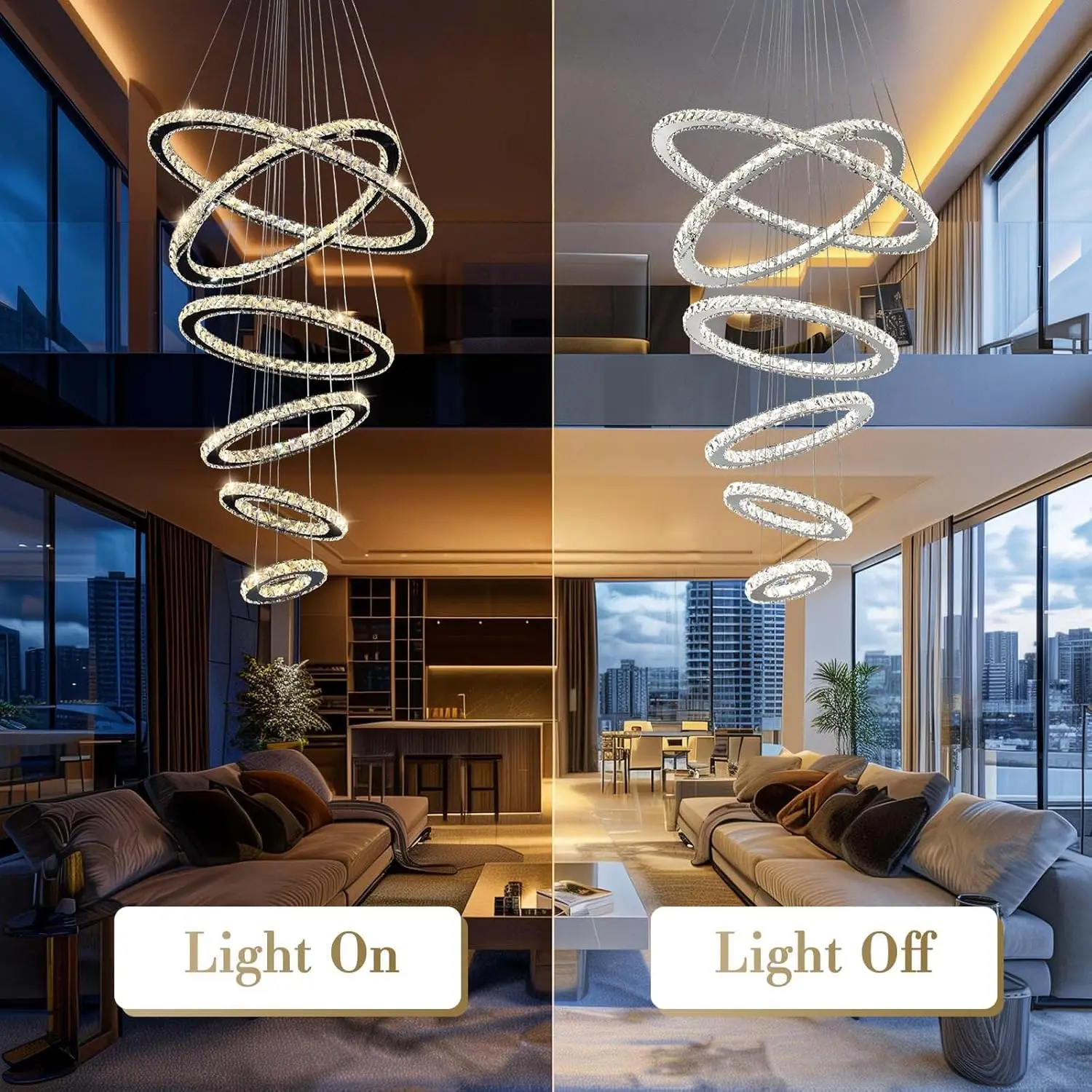 Modern Crystal Chandelier Lighting, 6 Ring Chandelier LED Ceiling Lights Fixtures with 3-Color, High Ceiling Foyer Chandelier