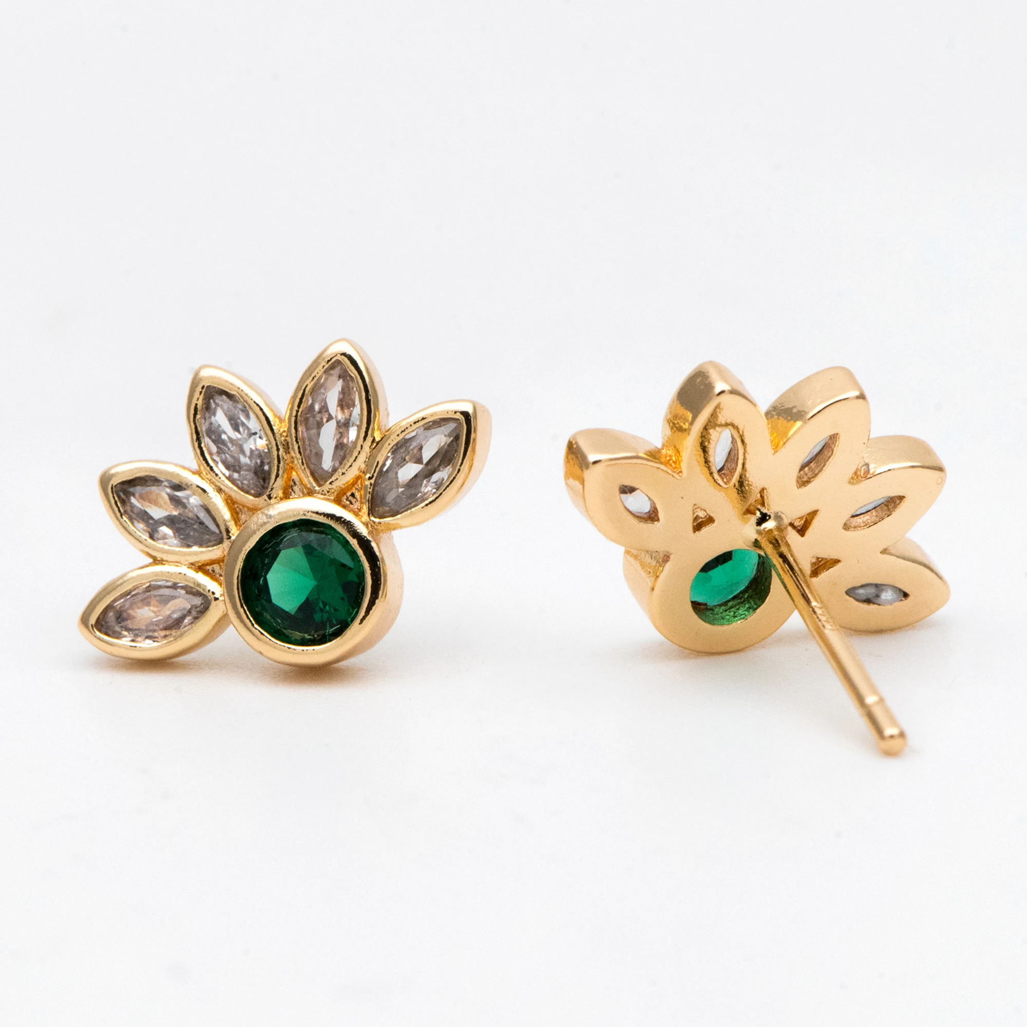 4pcs CZ Paved Emerald Flower Ear Posts 14x10mm, Gold Plated Brass Flower Stud Earrings (GB-3128)