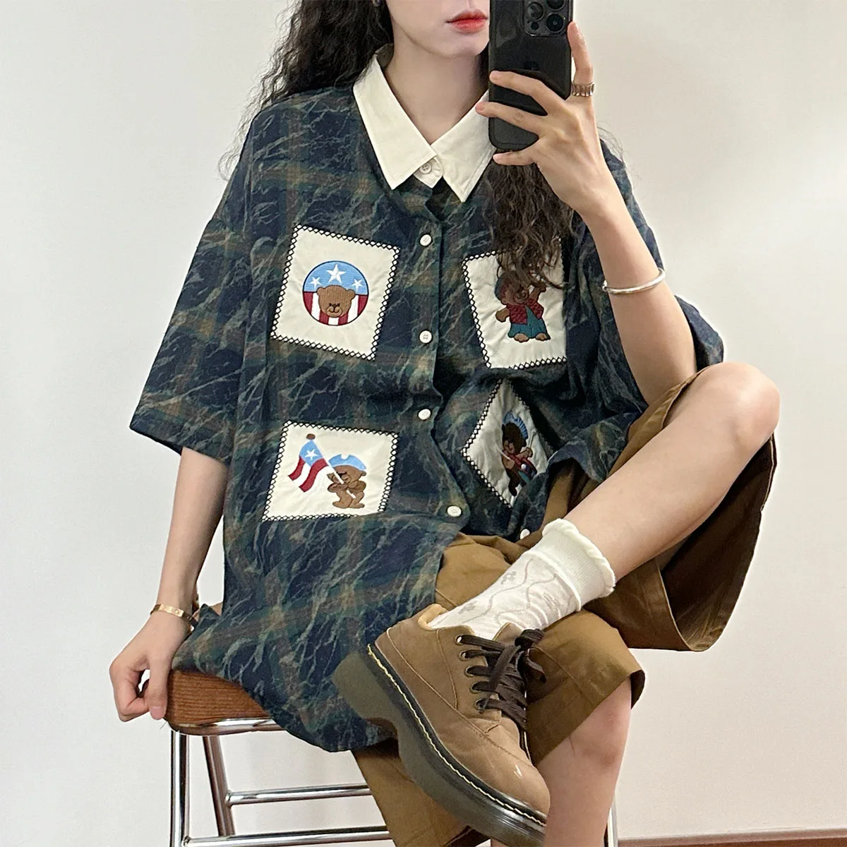 

Summer New American Retro Fun Embroidered Plaid ort Sve Casual Loose Men's irt Trendy Youth lin irt