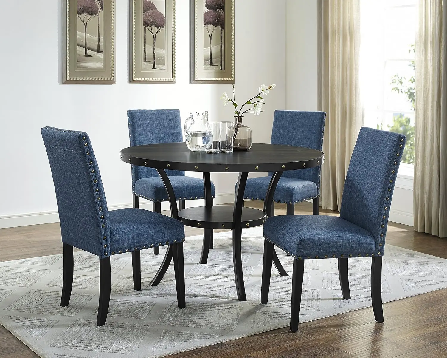 Collection Biony Espresso Wood Dining Set With Blue Fabric Nailhead Chairs,