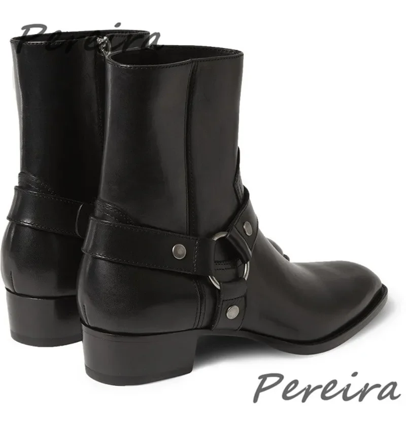 British Style Suede Chelsea Boots Men\'s Black Cowhide Metal Ring Ankle Booties Autumn Winter New Round Toe Side Zipper Men Shoes