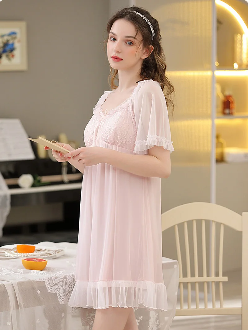 Women Fairy Lolita Ruffles Vintage Pajama Night Dress Summer Short Sleeve Mesh Sleepwear Victorian Princess Nightgowns