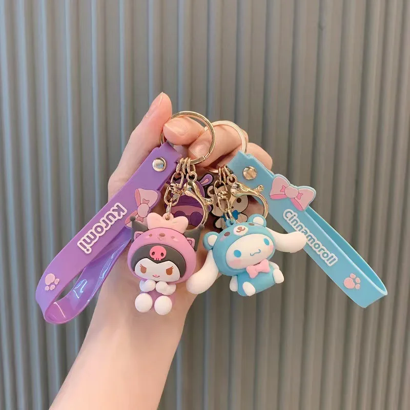 Sanrio-bonito rosa Keychain Set para meninas, saco pingente, Kuromi Melody Cinnamoroll, chave do carro, acessórios Sanrio, mochila, presentes de férias