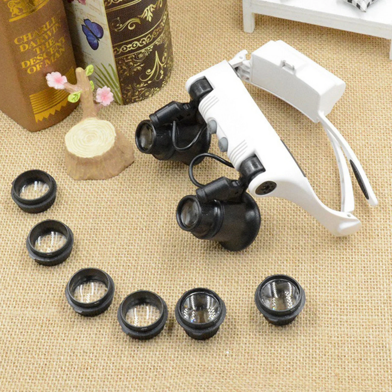 

2XLED Watch Jeweler Repair Magnifier Head Mounted Headband Adjustable Magnifying Head Eye Glasses Loupe Lens 10X 15X 20X 25X