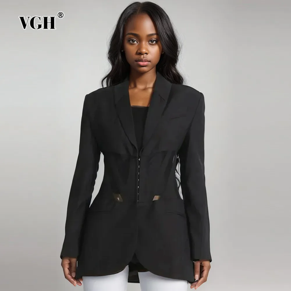 

VGH Solid Patchwork Sheer Mesh Sexy Blazers For Women Notched Collar Long Sleeve Temperament Slimming Blazer Female Fashion New