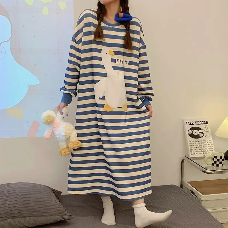 Plus Size 5XL 150KG Autumn Sleepwear Dress Striped Women\'s Night Shirts Oversize Women Nightgowns Sleepwear women Pajama