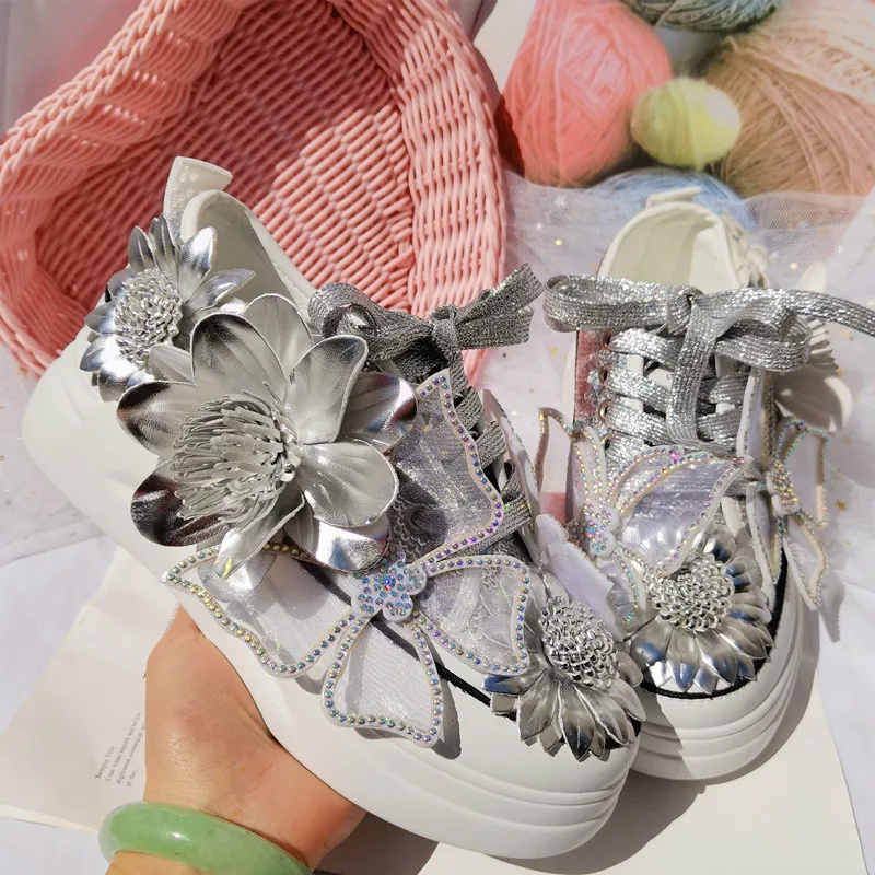 Silver Sneakers News Style Sequined Women Shoes Fashion Rhinestone Flower Lace Crystals Butterfly Casual Heavy Bottom Cute Shoes