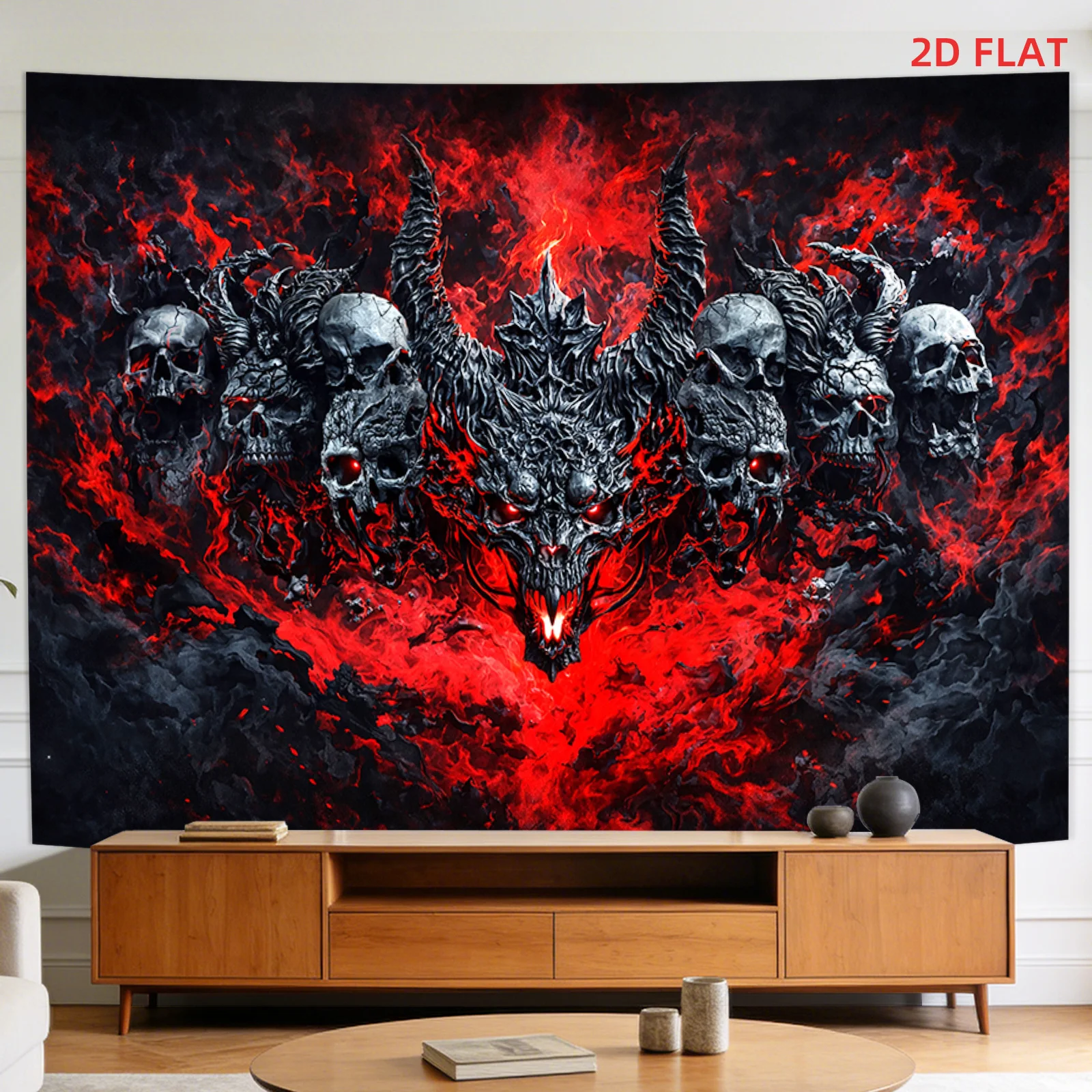 Demon Skull Tapestry, Red Fire Dragon Wall Hanging, Dark Fantasy Art Dorm Decor, Horror Gamer Bedroom Blanket