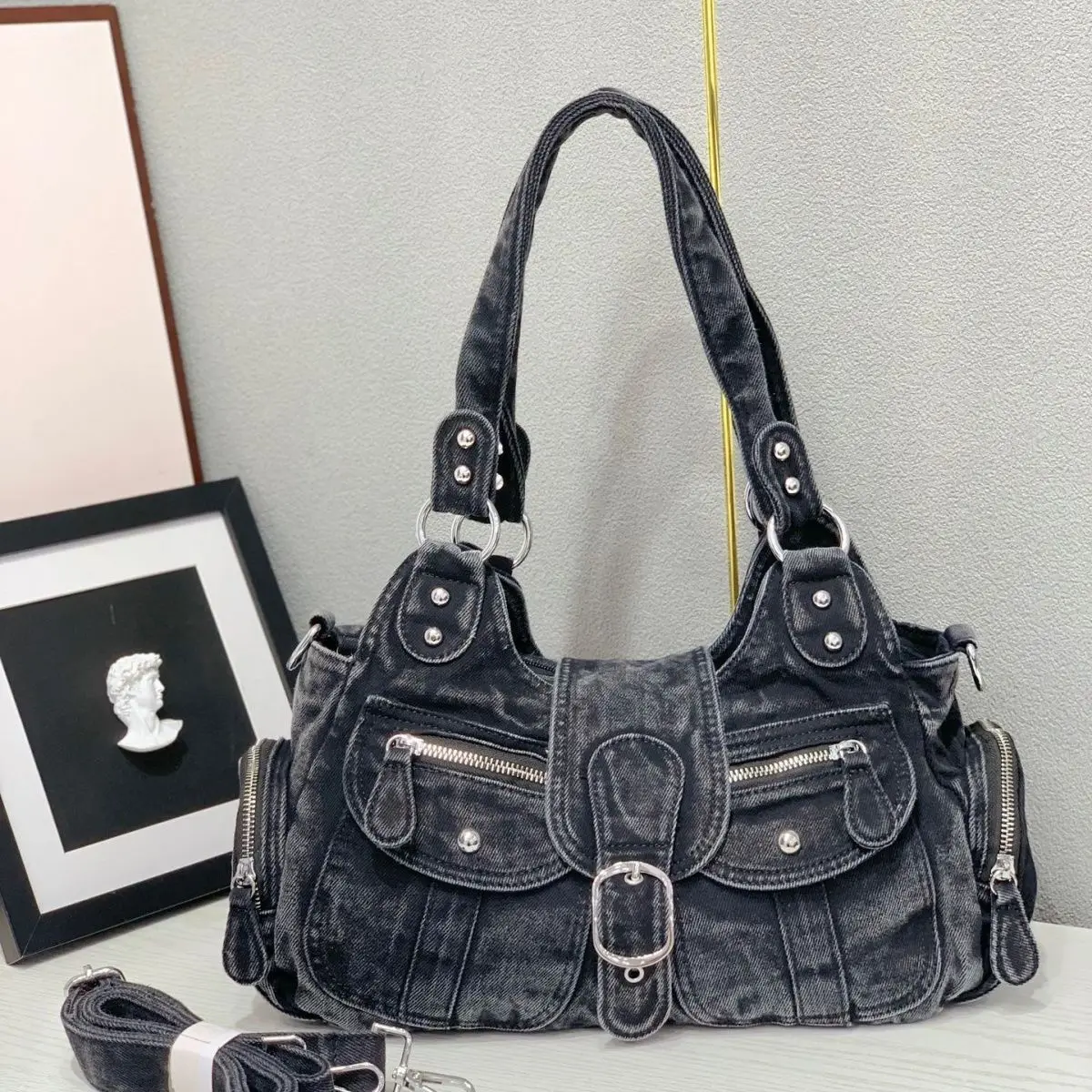 Hot Girl Vintage Harajuku Rivet Tote Bag Women Washed Denim Large Capacity Shoulder Bag Ladies Casual Versatile Everyday Handbag