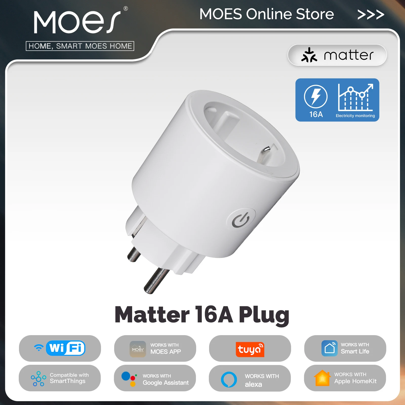 MOES Tuya Smart Matter Plug WiFi Socket 16A Outlet Power Monitor Remote Control Support Apple Home Google Home Alexa Smartthings