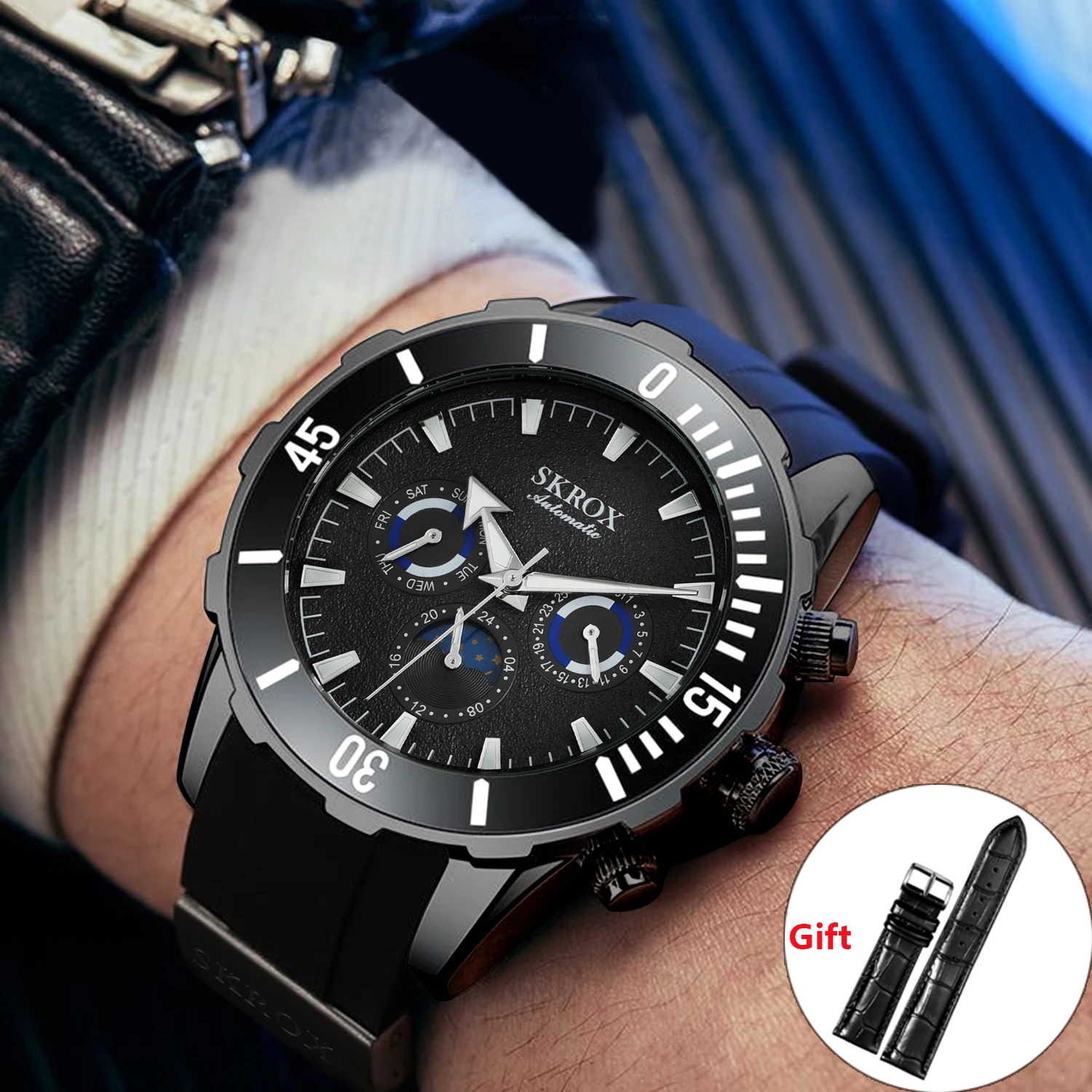 

SKROX Высококачественные роскошные механические мужские часы с фазой Луны и автоматическим механизмом, полевые спортивные водонепроницаемые силиконовые военные мужские часы