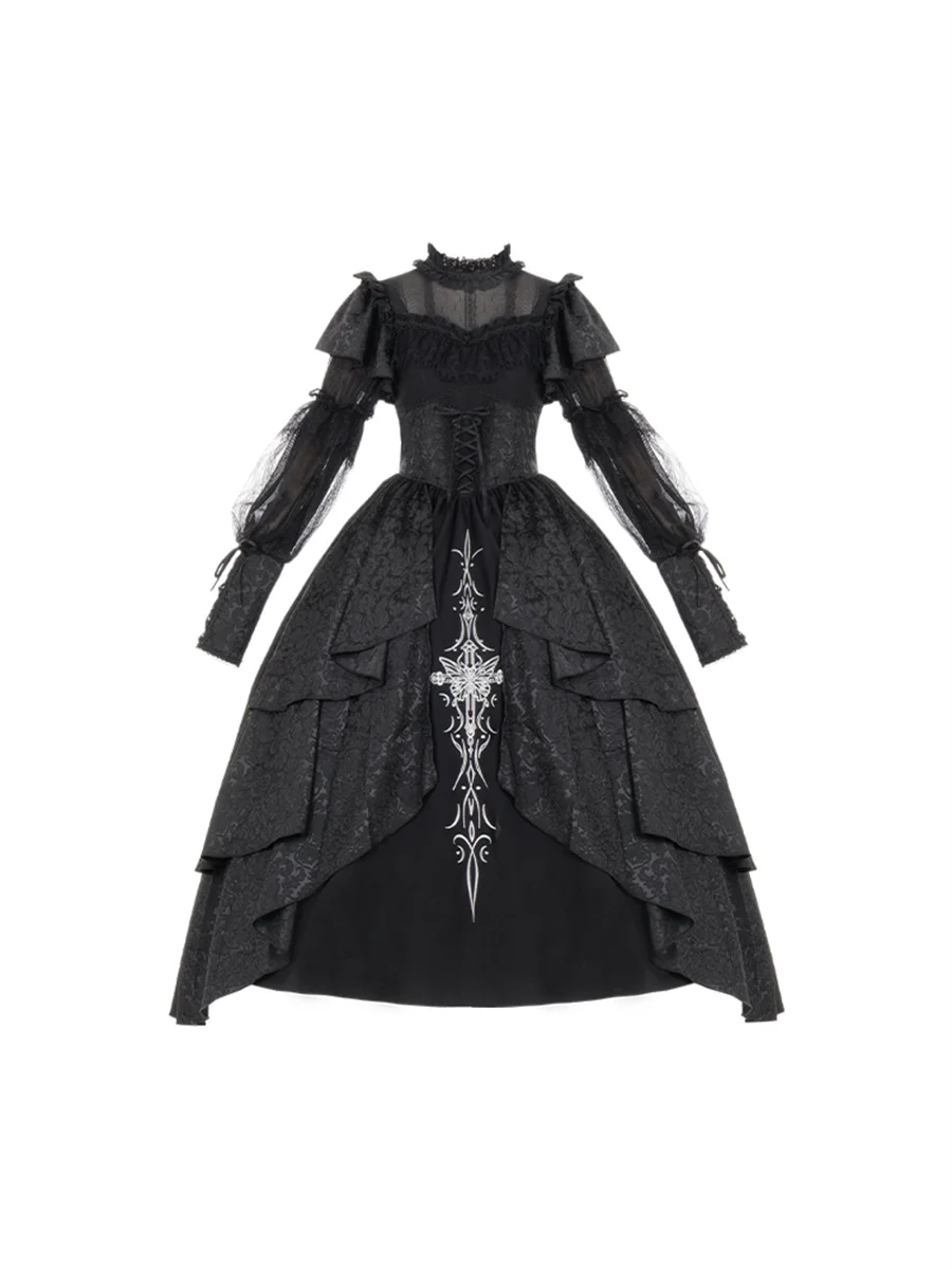 Withpuji French Vintage Gothic Style Cosplay Dark Lolita Op Girl Elegant Embroidery Lace Mesh Ribbon Bowknot Tunic Palaca Dress