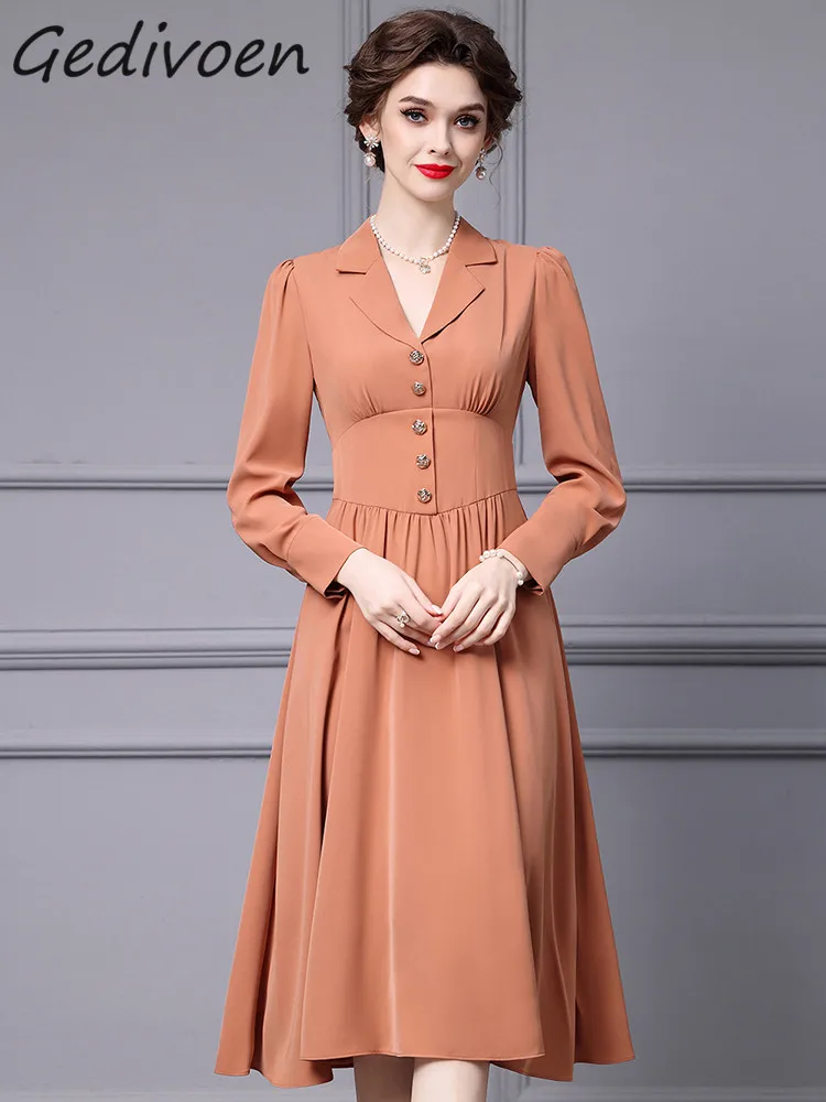 Gedivoen Autumn Fashion Designer Orange Vintage Party Dress Women's Lapel Long Sleeve Button High Waist Slim A-LINE Long Dress